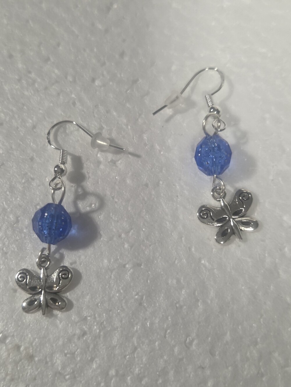 Handcrafted Silver Butterfly Drop Earrings with Blue Beads - Women Jewelry